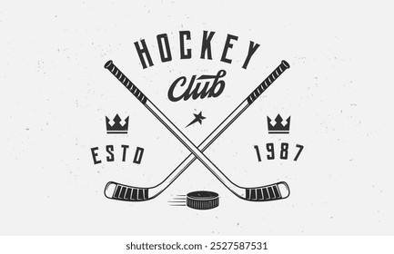 Logo do Hockey Club, cartaz. Emblema vintage com dicas de hóquei cruzado, disco e ícone da coroa. Modelo de logotipo para equipe, clube, liga, torneio. Ilustração vetorial