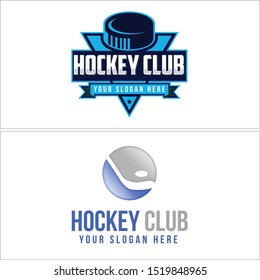 Hockey club logo with stick star triangle ribbon blue gray vector suitable for sport club team competition