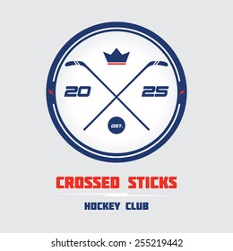 Hockey Club & team emblem, business sign template. Crossed sticks, ice hockey puck, crown & lightning bolt symbols for hockey, sport, power, success, speed & skate scratches on ice. Sample text. 