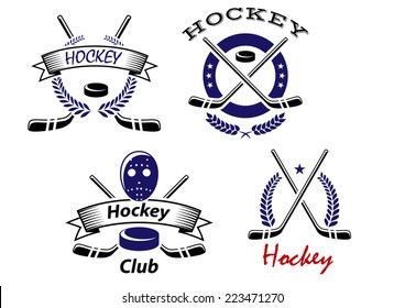 Hockey Club and team emblems logo  with crossed sticks and a puck with wreaths or ribbon banners with text  Hockey or Hockey Club