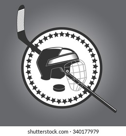 Hockey competition championship vector logo with hockey helmet, stick, puck, stars for your projects, invitations, card, T-shirt prints, tickets