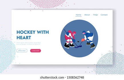 Hockey Competition Website Landing Page. Couple of Young Men in Sports Uniform with Sticks Stand Face to Face on Ice Rink Take Part in Tournament Web Page Banner. Cartoon Flat Vector Illustration