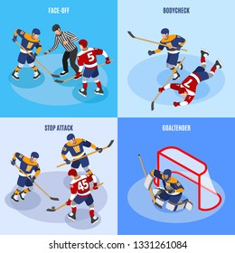 Hockey concept 4 isometric compositions with defense players stopping forward attack face off and goaltender vector illustration