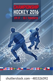 Hockey concept poster template. International championship. Vector dynamic composition with silhouettes hockey players. Ice explosion, abstract background.