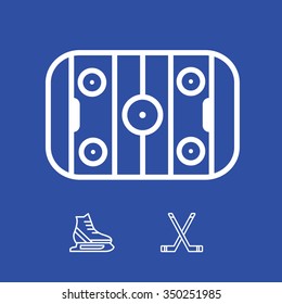 Hockey court, arena, skates and stick vector icon