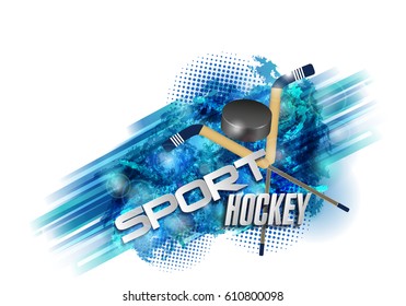 Hockey, crossed hockey sticks and round ribbon. Grungy scratches, text, background on a separate layer and can be easily disabled.