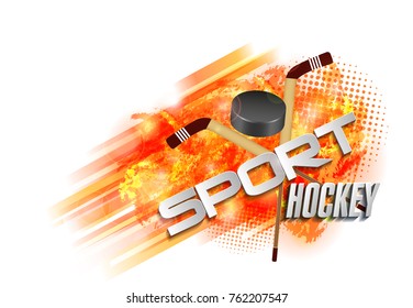 Hockey, crossed hockey sticks and round ribbon. Grungy scratches, text, background on a separate layer and can be easily disabled.