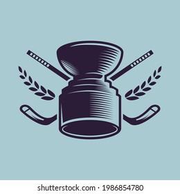 Hockey cup with sticks. Sport concept art in monochrome style.