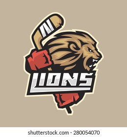 Hockey emblem ferocious lion with stick