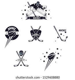 Hockey emblem. Hockey goalie, puck and stick. Vector illustration