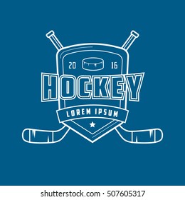 Hockey Emblem Line Icon On Blue Background