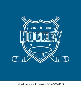 Hockey Emblem Line Icon On Blue Background