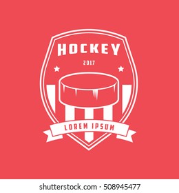 Hockey Emblem Line Icon On Red Background