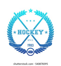 Hockey emblem, logo with crossed sticks, blue over white, grunge effect can be removed