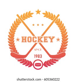 Hockey emblem, logo with crossed sticks and puck over white