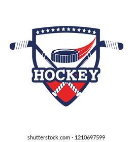 hockey emblem with puck and sticks equipment