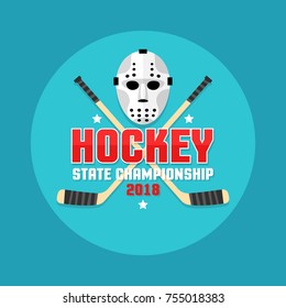 Hockey emblem with retro flat goalie mask and crossed sticks.