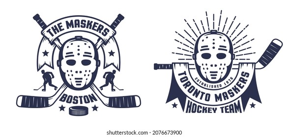 Hockey emblem with retro goalie mask. Vintage team logo with hockey sticks and mask. Vector illustration.
