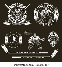 Hockey emblems with goalkeeper and goalie mask, and also elements of sport equipment. Vector illustration on a dark background.