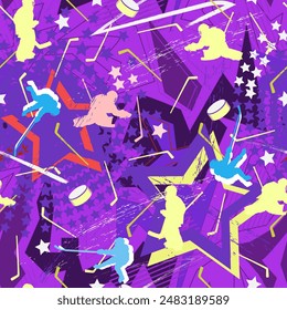 Hockey endless background. Dynamic bright purple hockey pattern. Hockey goalkeepers and players in motion. Vector illustration.