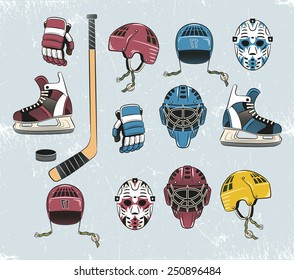 Hockey equipment in a classic retro style. Stick, helmet, gloves, goalie mask, puck, skates. Background separate group - can be easily removed.