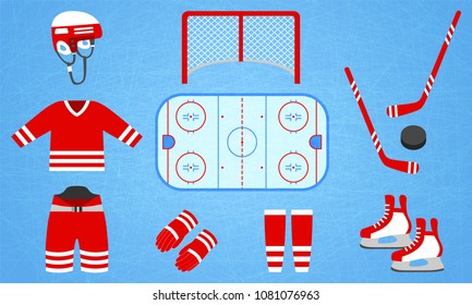 Hockey equipment collection. Vector illustration. Isolated icons for winter sports designs. Hockey puck, stick, rink, skates, field, helmet, uniform, pants, gloves, socks, t shirt, gate. red and white