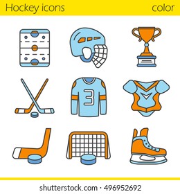 Hockey equipment color icons set. Helmet, puck and sticks, shirt, shoulder pad, gate, skate, winner's trophy, hockey rink. Isolated vector illustrations