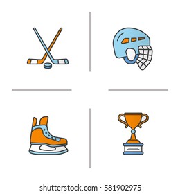 Hockey equipment color icons set. Helmet, ice skate, sticks, winner's award. Isolated vector illustrations