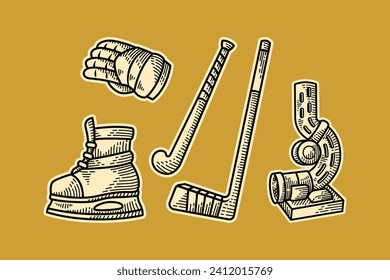 ilustración de doodle de equipo de hockey con vectores de patines de hockey, palos, guantes, lanzagranadas y patines de hielo
