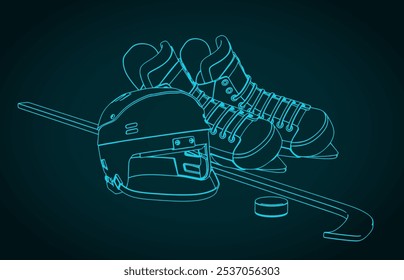 Hockey equipment. Helmet, skates, stick and puck.