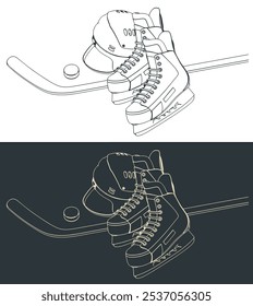 Hockey equipment. Helmet, skates, stick and puck.