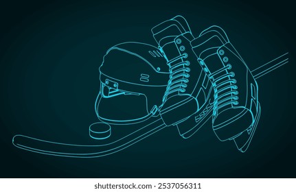 Hockey equipment. Helmet, skates, stick and puck.