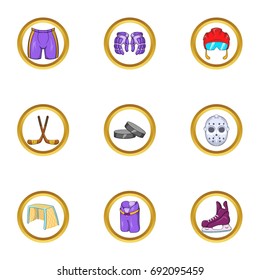 Hockey equipment icon set. Cartoon set of 9 hockey equipment vector icons for web isolated on white background