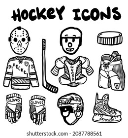 Hockey equipment icon set in doodle style
