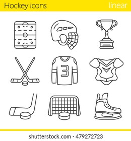 Hockey equipment linear icons set  Helmet  puck   sticks  shirt  shoulder pad  gate  skate  winner's trophy  hockey rink  Thin line contour symbols  Isolated vector illustrations