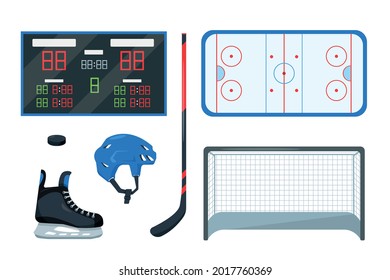 Hockey equipment set. Sport ice Hokey rink or court, stick, washer, gates, scoreboard and helmet. Flat vector illustration.