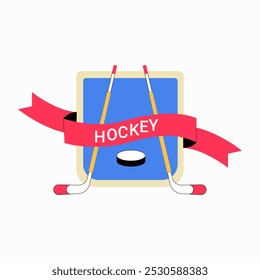 Hockey equipment with sticks and puck in flat vector illustration symbolizing sports, competition, and teamwork, isolated on white background