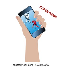 Hockey. Female hand holds a smartphone - Super Game. Hockey players on the screen - isolated on white background - vector. Winter sport.