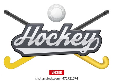 Hockey field tag with ball and sticks. Symbol of sports end equipment. Vector illustration Isolated on white background.