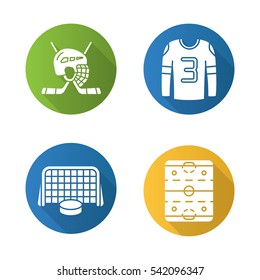 Hockey flat design long shadow icons set. Sticks and helmet, rink, shirt, puck in gates. Vector silhouette illustration