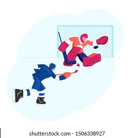Hockey Game Competition on Ice Rink. Attacking Player Hitting Puck, Goalkeeper Catching it Protecting Gates. Sports Tournament Championship, Sportsmen Play on Stadium. Cartoon Flat Vector Illustration
