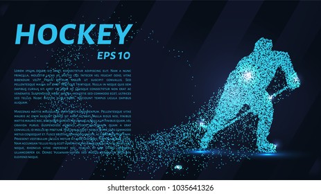 A hockey game consists of points. Particles in the form of a hockey player on a dark background. Vector illustration. Graphic concept of hockey