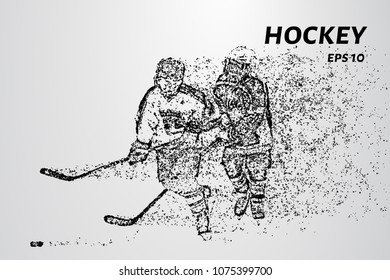 A hockey game consists of points. Particles in the form of a hockey player on a dark background. Vector illustration. Graphic concept of hockey