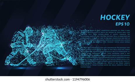 A hockey game consists of points. Particles in the form of a hockey player on a dark background. Vector illustration. Graphic concept of hockey