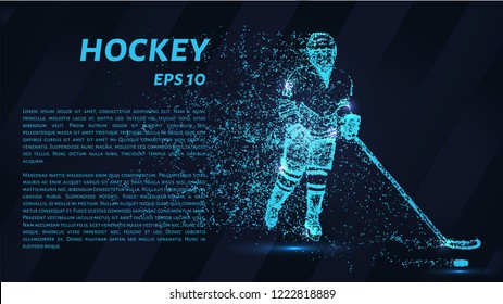 A hockey game consists of points. Particles in the form of a hockey player on a dark background. Vector illustration. Graphic concept of hockey