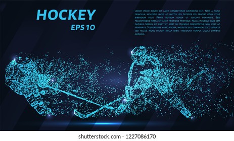 A hockey game consists of points. Particles in the form of a hockey player on a dark background. Vector illustration. Graphic concept of hockey