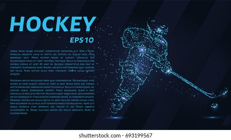 A hockey game consists of points. Particles in the form of a hockey player on a dark background. Vector illustration. Graphic concept of hockey.