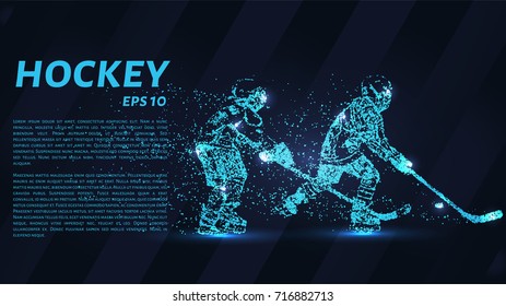 A hockey game consists of points. Particles in the form of a hockey player on a dark background. Vector illustration. Graphic concept of hockey.