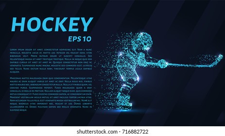 A hockey game consists of points. Particles in the form of a hockey player on a dark background. Vector illustration. Graphic concept of hockey.