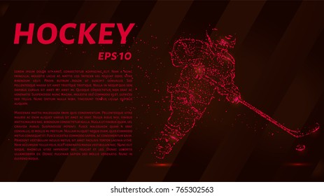 A hockey game consists of points. Particles in the form of a hockey player on a dark background. Vector illustration. Graphic concept of hockey